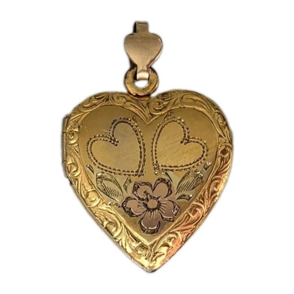 Vintage 1/20 12KT GF Heart Locket Pendant Floral Engraved Gold Filled Photo